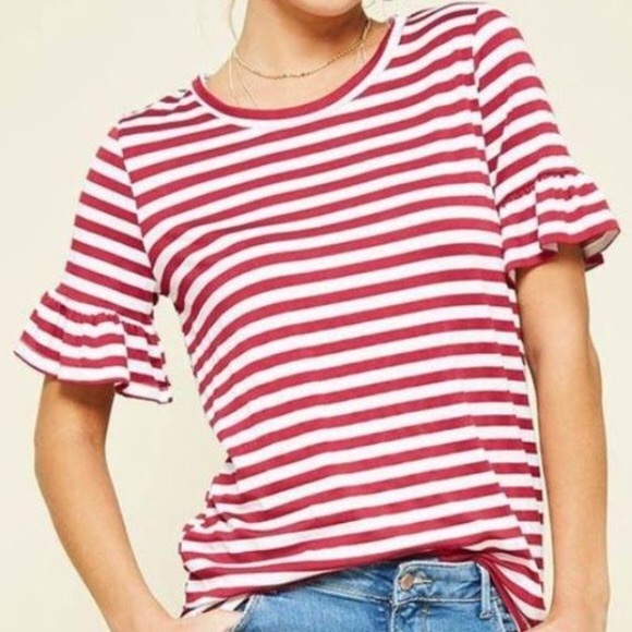 Promesa Tops - Promesa Red and White Striped Ruffle Sleeved Tee